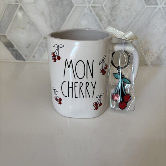 Rae Dunn Mon Cherry Cherries White Mug with Keychain Brand New - Picture 2 of 11